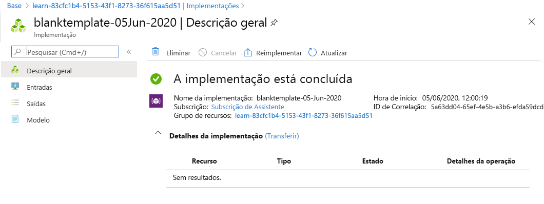 Interface do portal do Azure para a implementação específica sem recursos indicados.