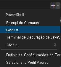 Captura de tela da janela do terminal do Visual Studio Code mostrando a lista suspensa de shell de seleção.