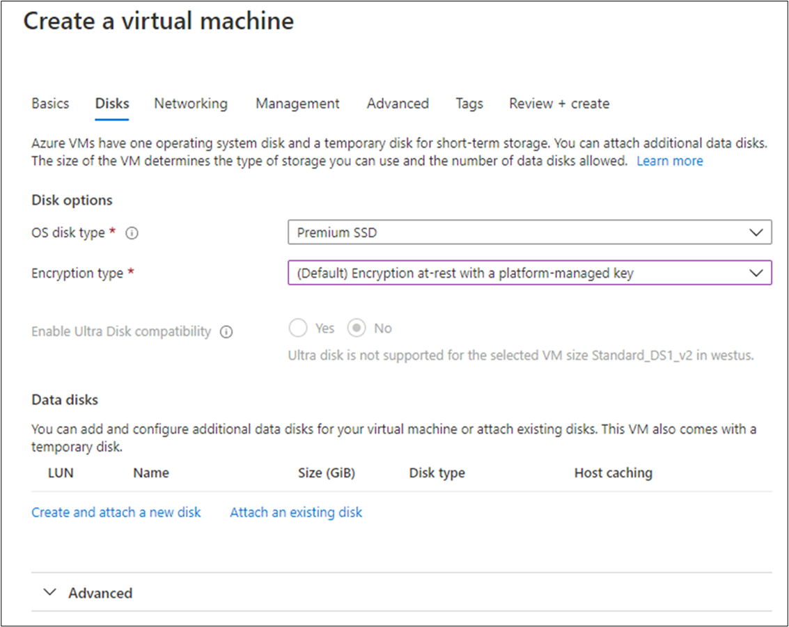 Captura de tela mostrando a seção de discos configurados para a VM.