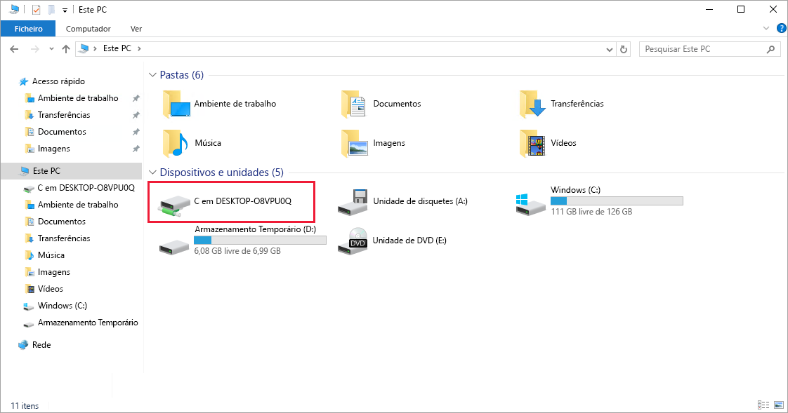 Captura de ecrã a mostrar a unidade local partilhada com a VM do Azure.