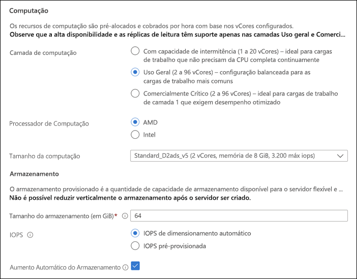 Captura de ecrã das secções Computação e Armazenamento da página de implementação do Servidor Flexível do portal do Azure Computação + Armazenamento.