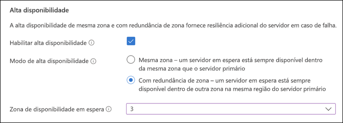 Captura de tela da seção Alta disponibilidade da página de implantação do Servidor Flexível do portal do Azure Básicos.