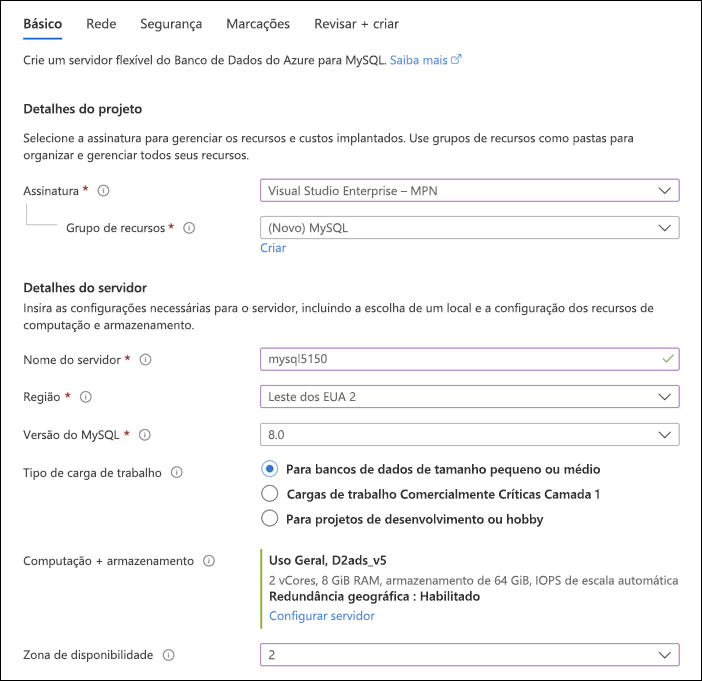 Captura de tela das seções Detalhes do Projeto e do Servidor da página Básico de implantação do Servidor Flexível do portal do Azure.