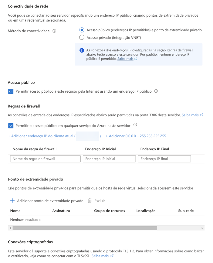 Captura de ecrã do separador Conectividade de rede a apresentar as opções para o método de conectividade, regras de firewall e muito mais.