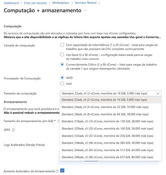 Captura de tela da seção Computação da página Computação+armazenamento exibindo as opções de tamanhos de computação da camada de computação otimizada para memória.