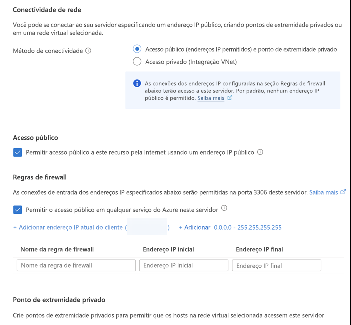 Captura de tela da guia Rede exibindo as configurações de rede para um novo Banco de Dados do Azure para servidor MySQL.