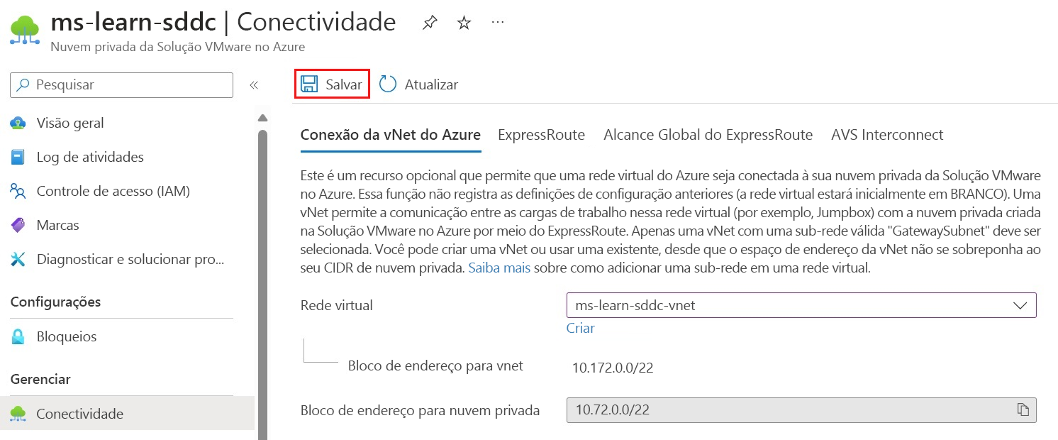 A captura de tela exibe onde selecionar a rede virtual de dentro da conexão vNet do Azure e como salvar a configuração.