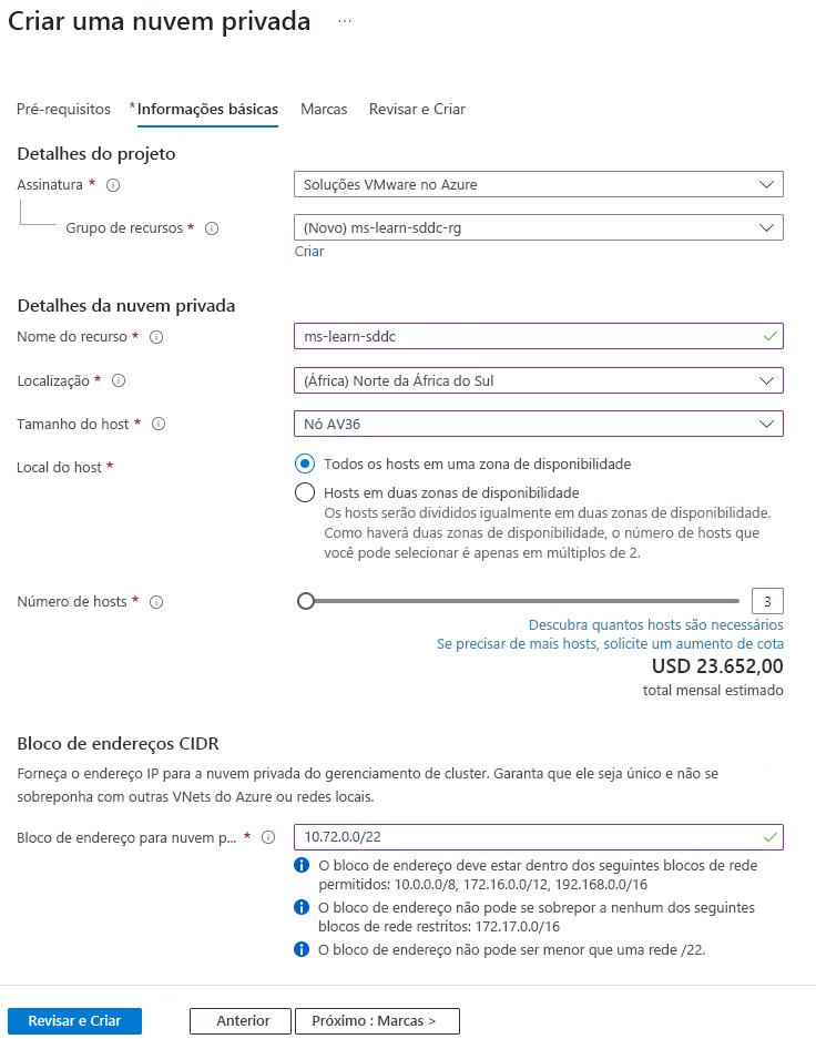 Captura de ecrã do portal do Azure a mostrar como criar uma nuvem privada da Solução VMware do Azure com todos os campos necessários para implementação.