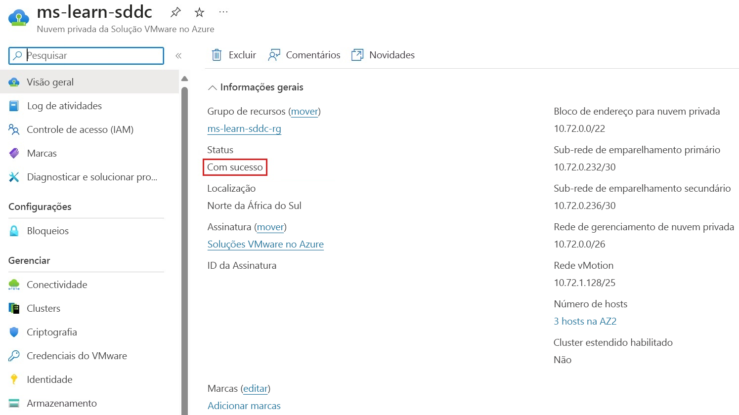 A captura de tela mostra a implantação da nuvem privada concluída com êxito.