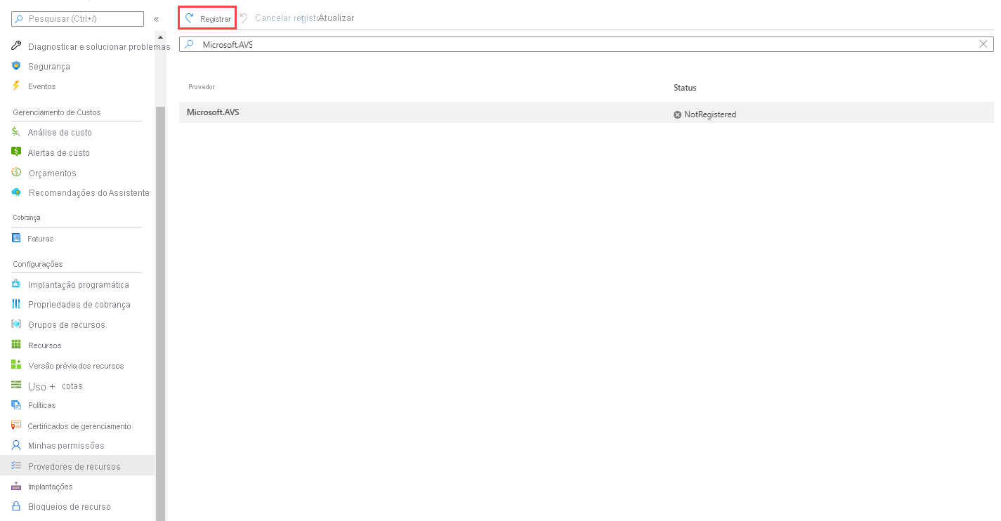Captura de ecrã que mostra o botão Registar na parte superior da página Fornecedores de Recursos de Subscrição > no portal do Azure.