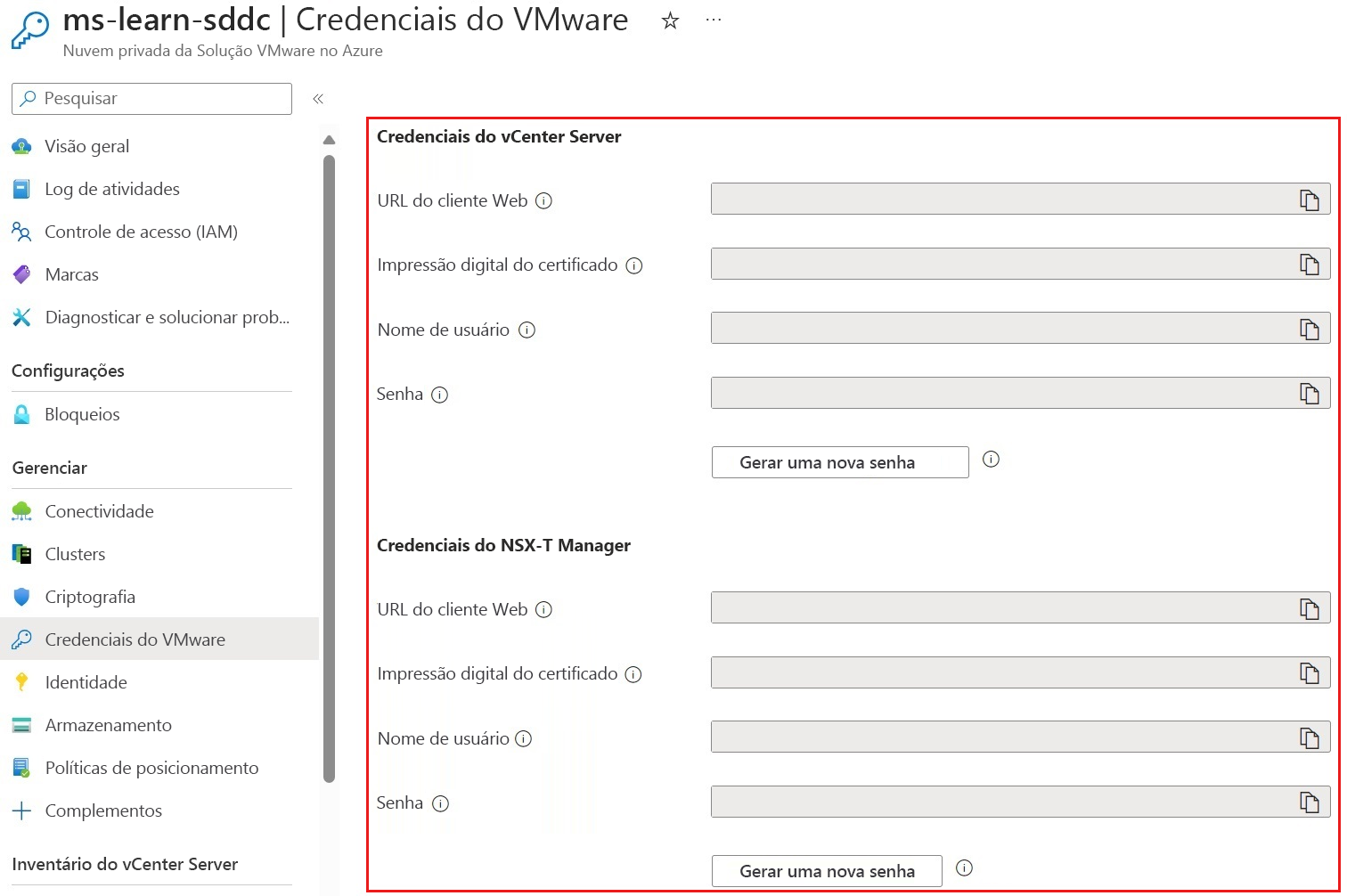 Captura de ecrã da página do portal do Azure, mostrando onde as credenciais de início de sessão são apresentadas após a implementação da Solução VMware do Azure.