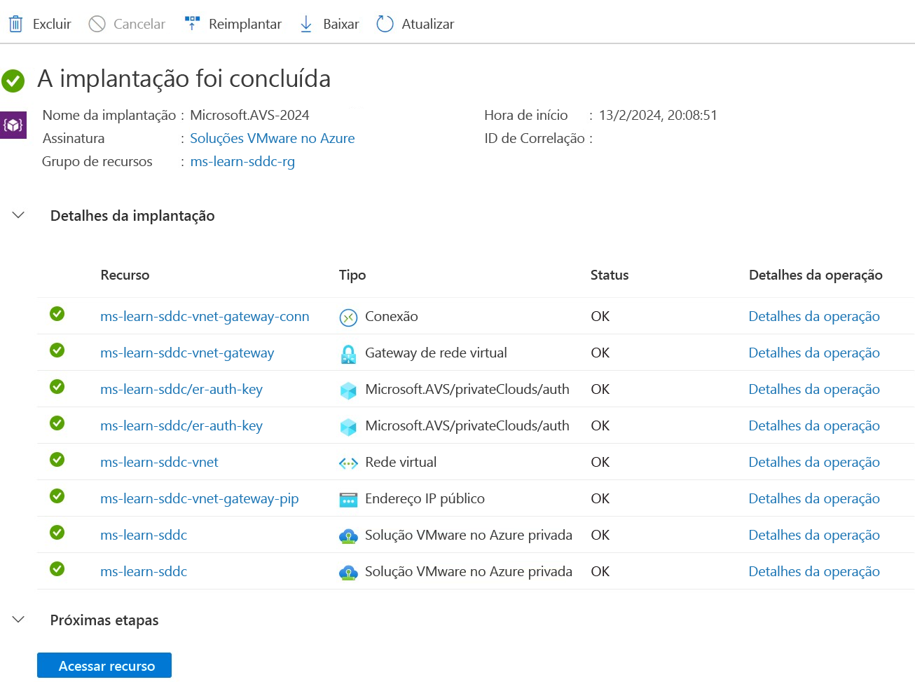 Captura de tela da página de implantação concluída.