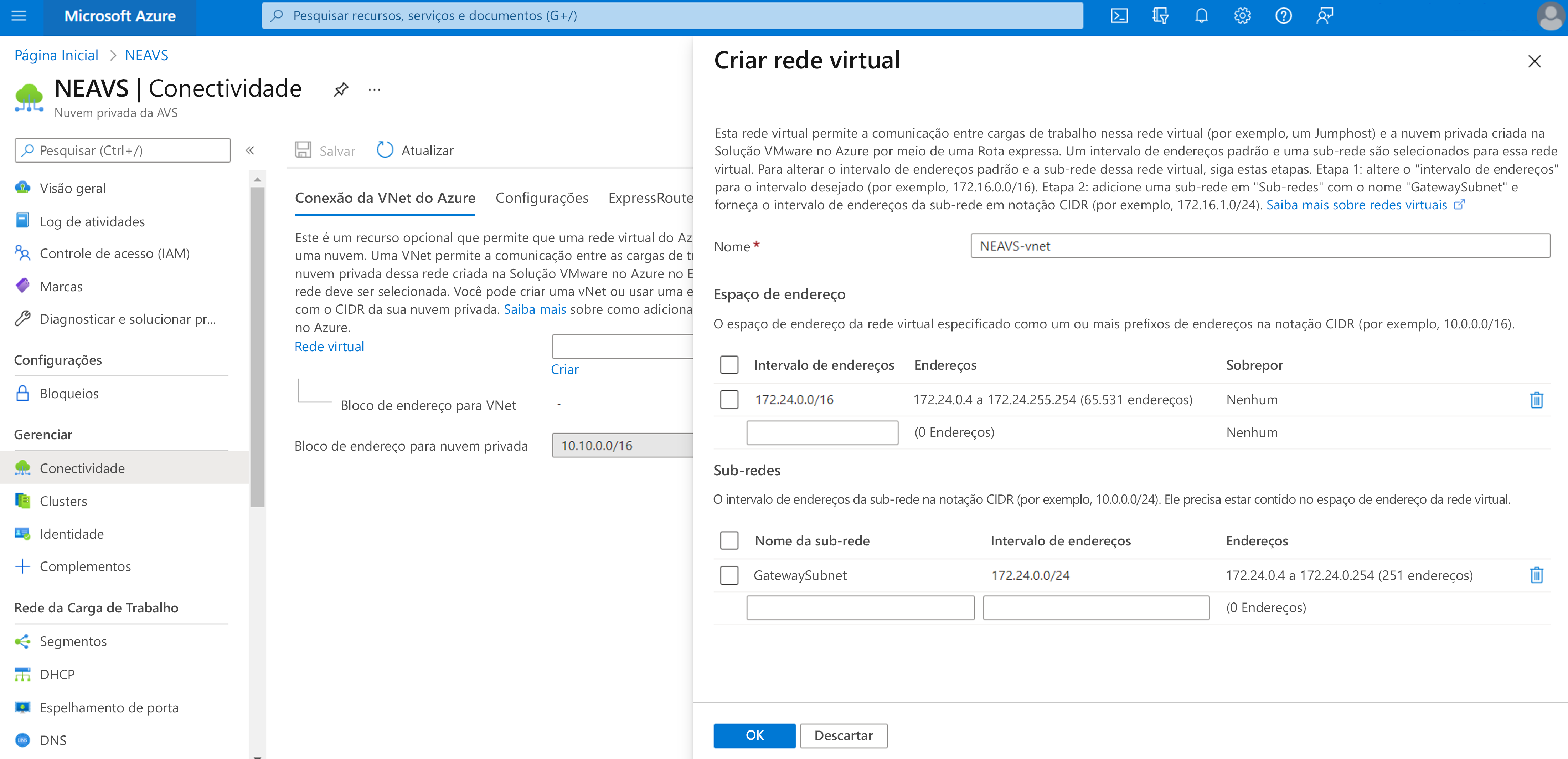 Captura de ecrã do separador Criar rede virtual na Solução VMware do Azure.