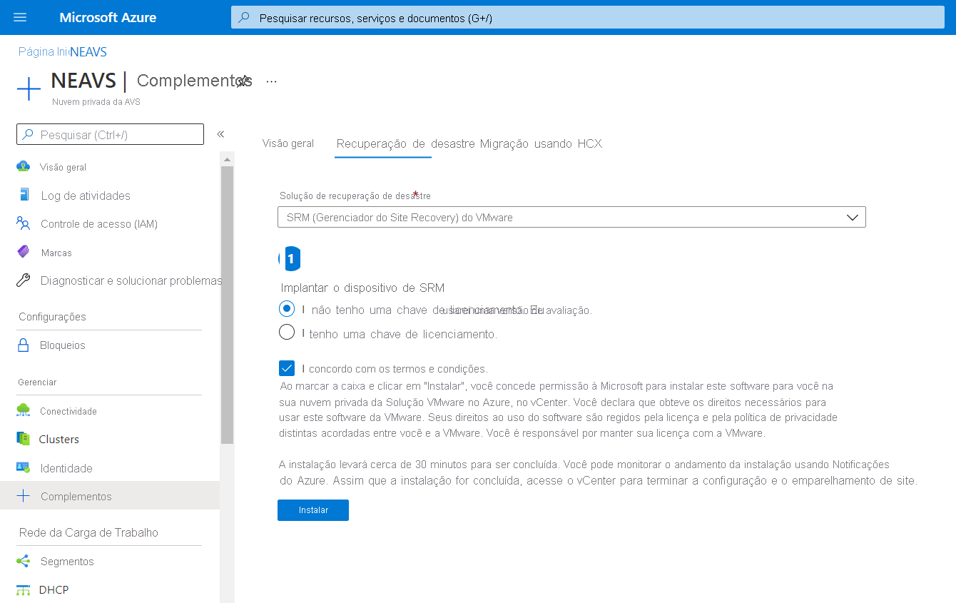 Captura de ecrã do separador Recuperação de desastres na Solução VMware do Azure.