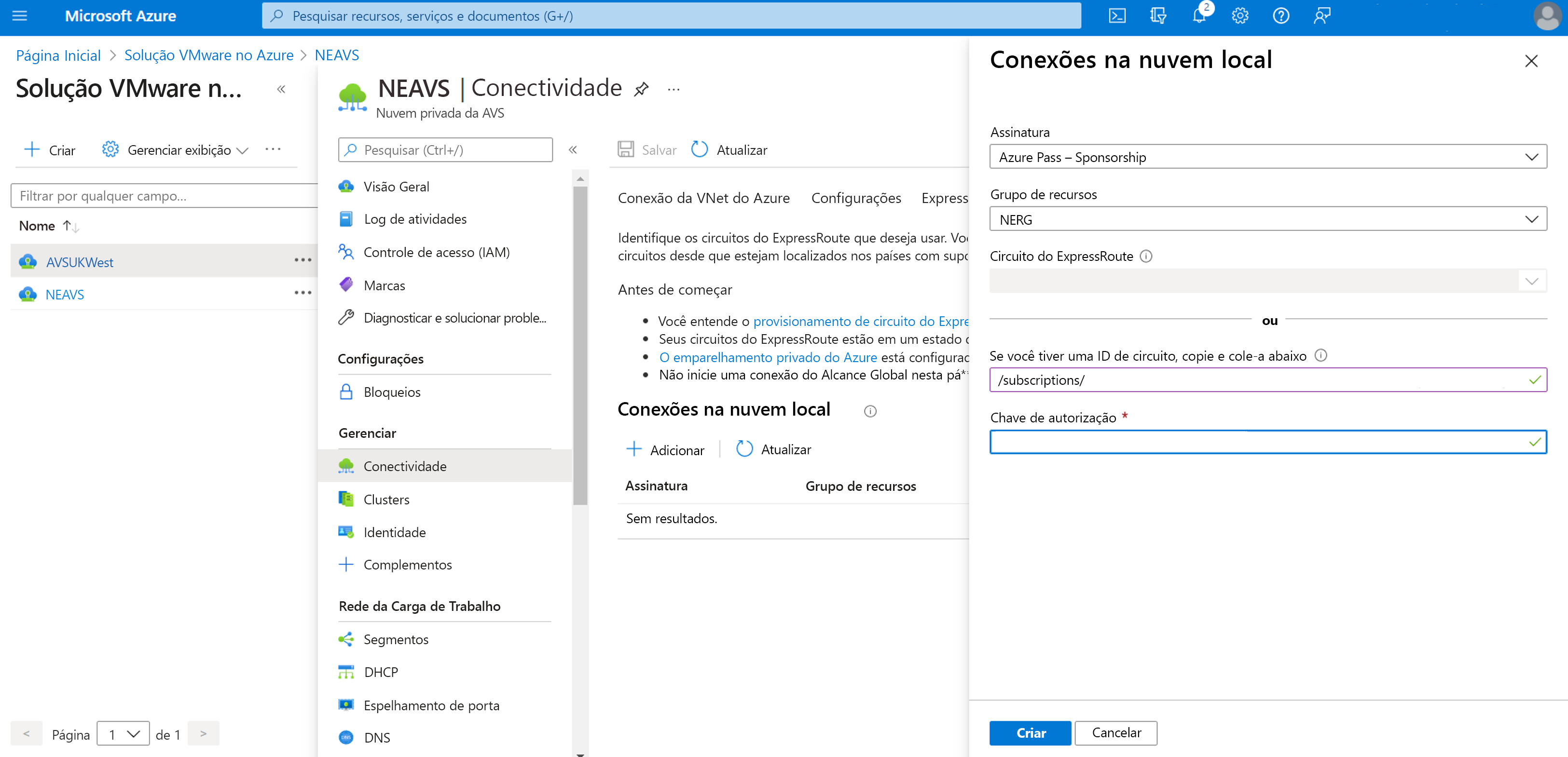 Captura de ecrã da janela Ligações na nuvem no local na Solução VMware do Azure.