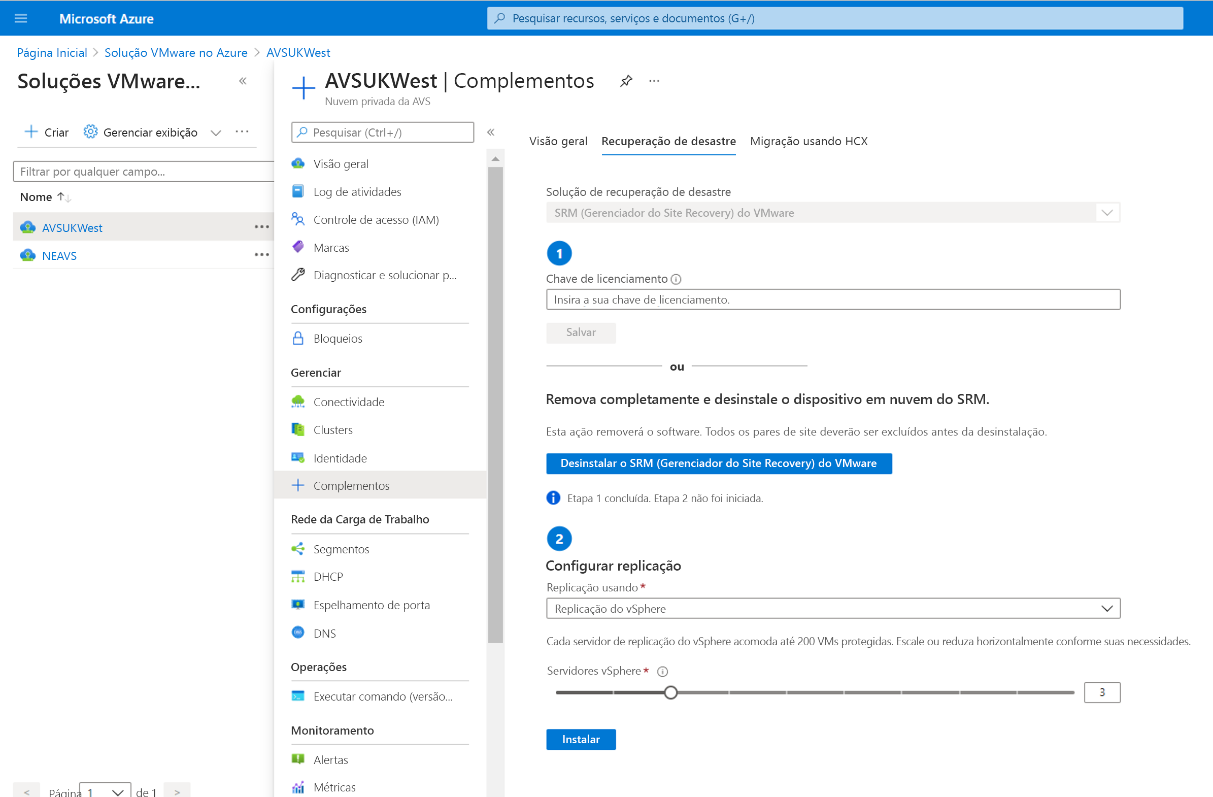 Screenshot of the Disaster recovery tab in Azure VMware Solution. The vSphere Replication option is selected under Setup replication.