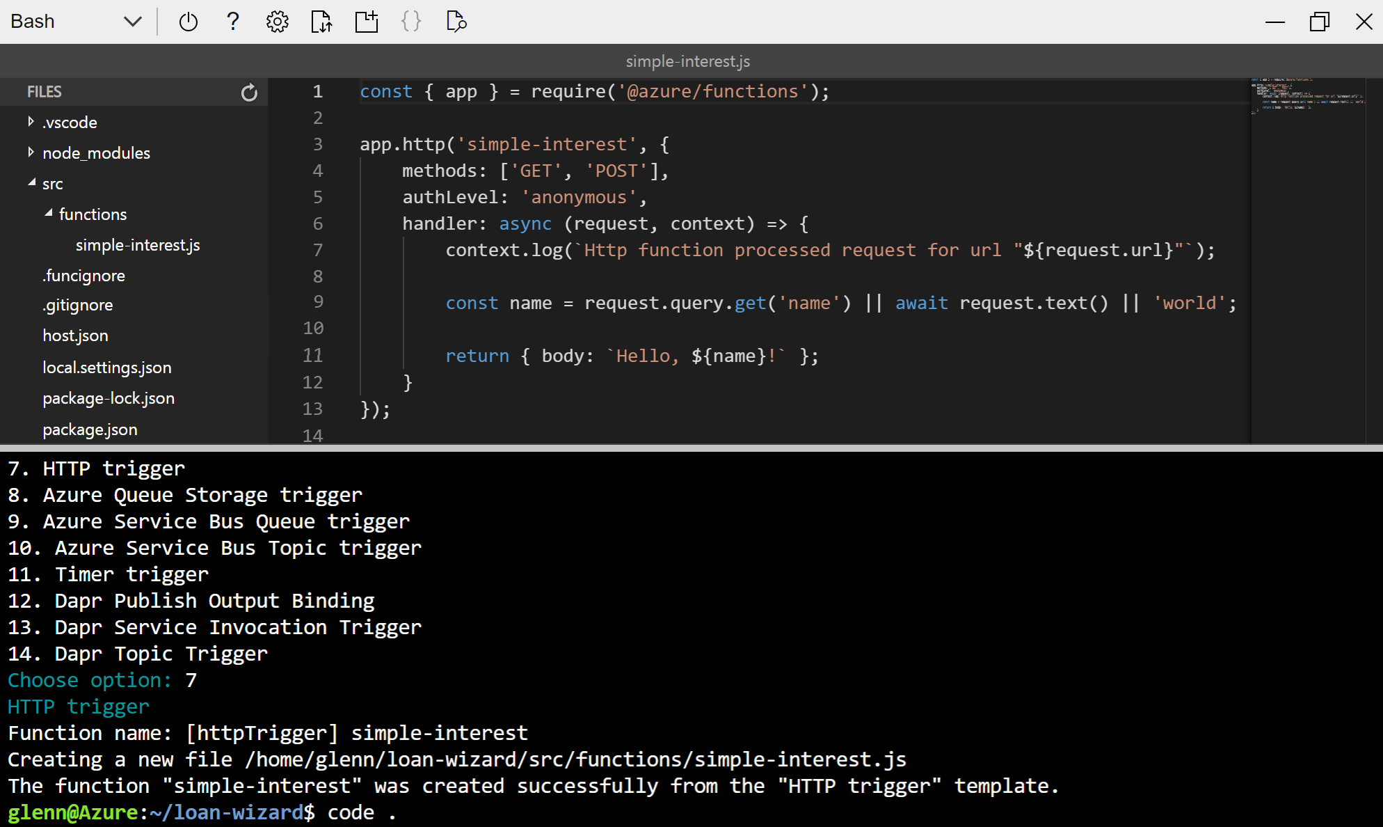 Screenshot showing the simple-interest folder with the function.json file open in Cloud Shell code editor.