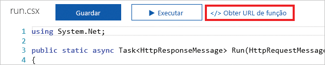 Captura de ecrã do portal do Azure que mostra o painel Aplicação de Funções com o botão Obter URL da função da aplicação realçado.