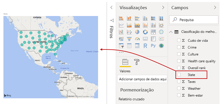 Arraste um campo para a ecrã do modo Relatório para criar um visual.