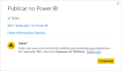 Captura de ecrã da mensagem Publicação para Power BI êxito.