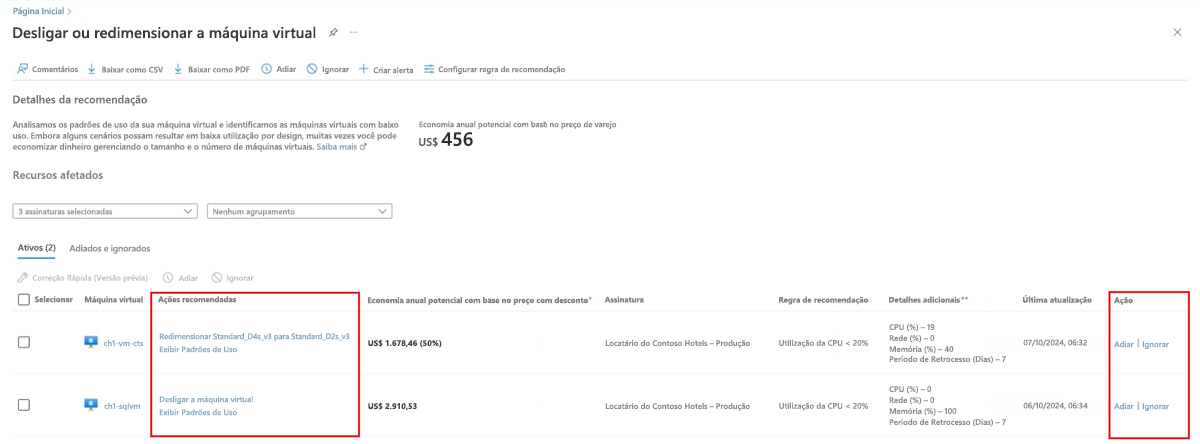 Captura de ecrã a mostrar uma ação recomendada no Azure Advisor.