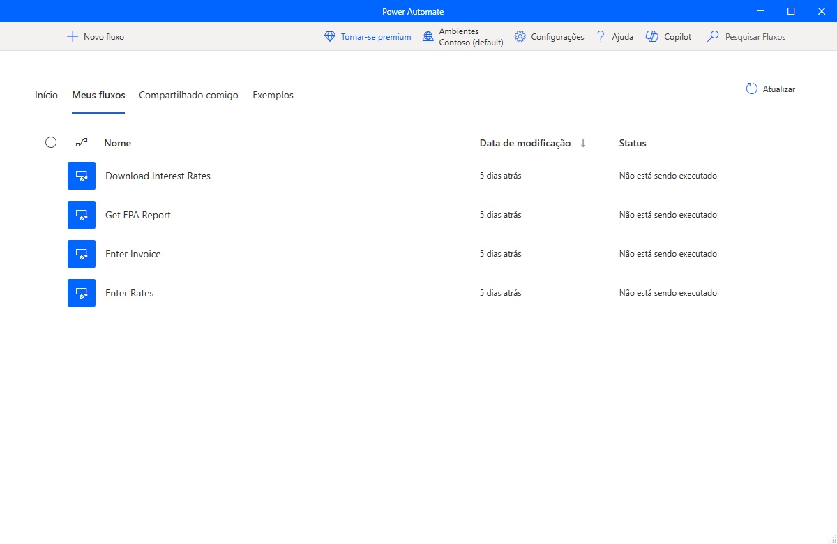 Captura de tela da interface do Power Automate para Desktop mostrando os fluxos existentes.