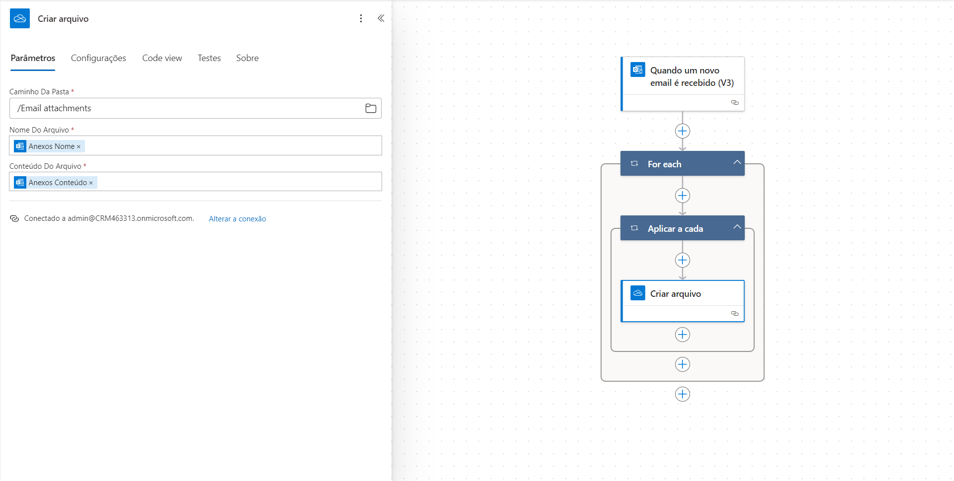 Captura de tela da criação de um fluxo com base no Outlook.