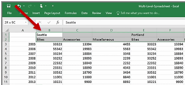 Captura de ecrã da folha de cálculo do Excel com cabeçalhos que abrangem várias colunas.