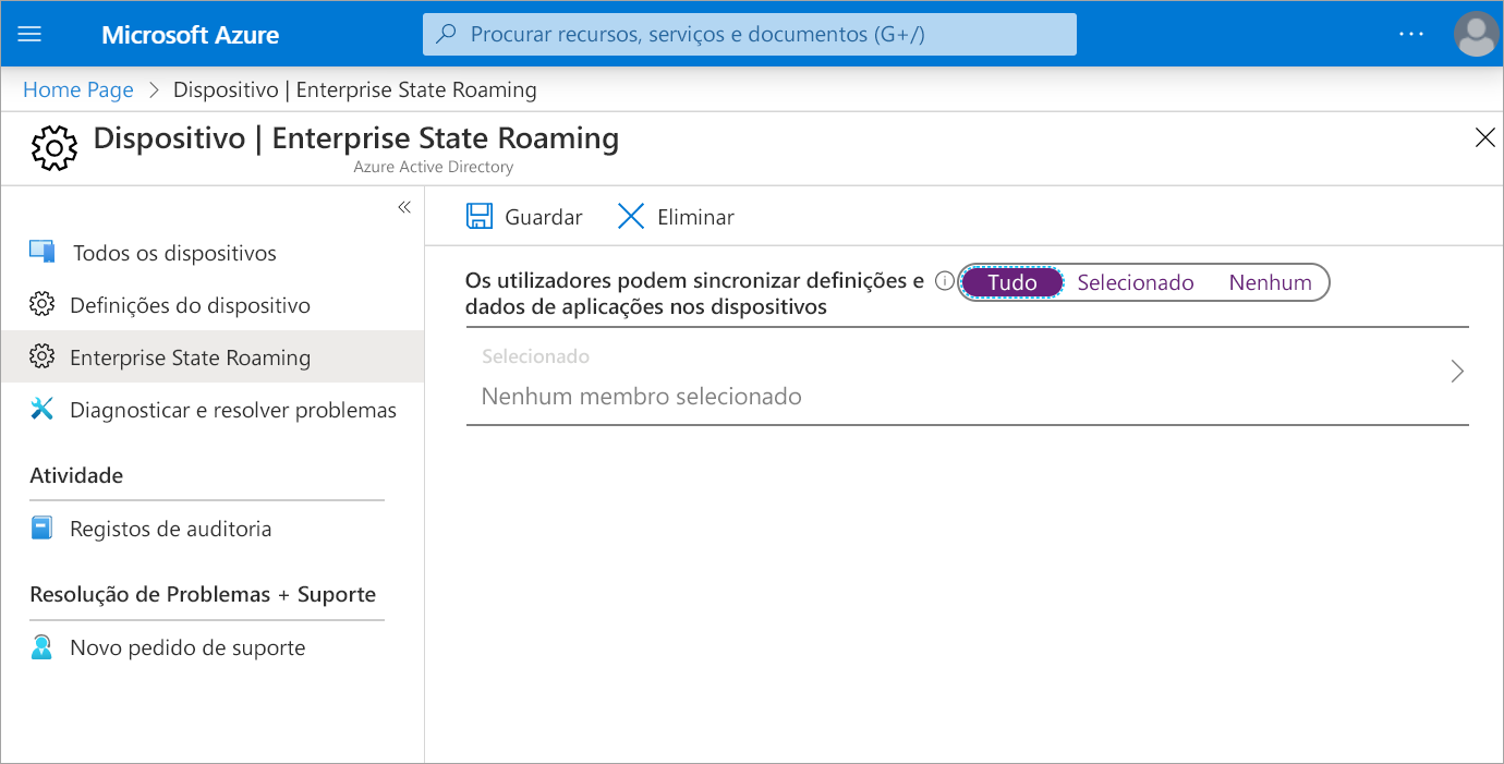 Screenshot of Enterprise State Roaming options in the Azure portal.