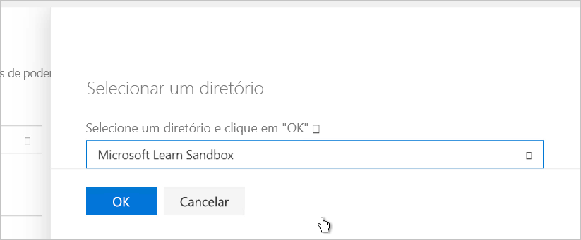 Captura de ecrã a mostrar onde seleciona um diretório, com a opção Microsoft Learn Sandbox selecionada.