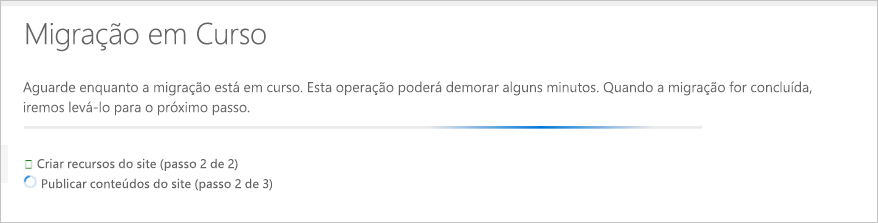 Captura de ecrã a mostrar o progresso da migração.