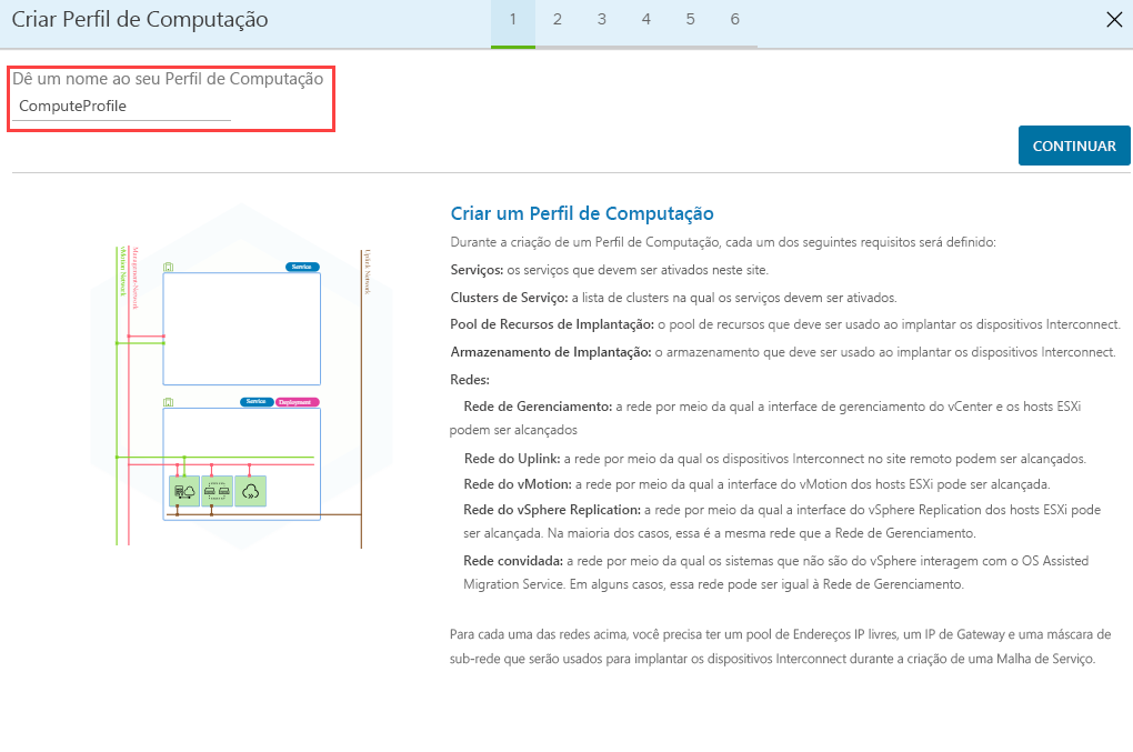 Screenshot that shows the entry of a compute profile name and the Continue button in HCX Connector on-premises.