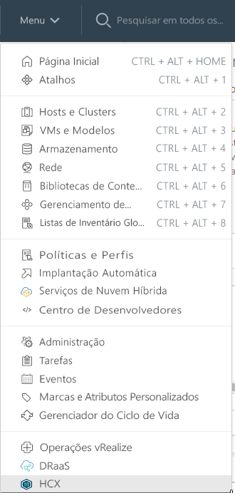 Screenshot of where to find HCX in the menu within vCenter on-premises.