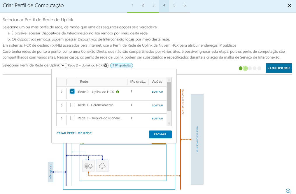 Screenshot that shows the selection of an uplink network profile and the Continue button in the on-premises HCX Connector.