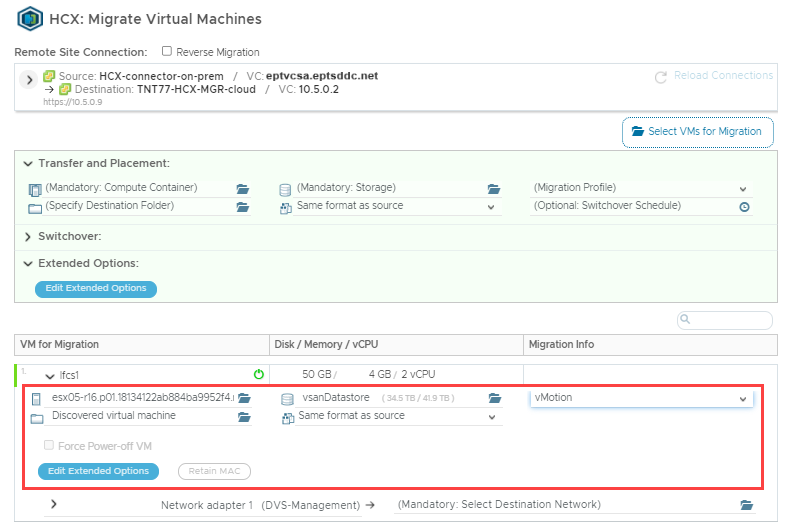 Screenshot of where to set the transfer, placement, and switchover options.