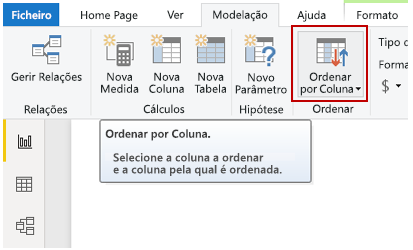 Captura de ecrã a mostrar o campo Ordenar por Coluna.