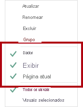 Imagem a mostrar o menu de contexto do marcador, com a opção Dados, Apresentação e Página atual ativada.