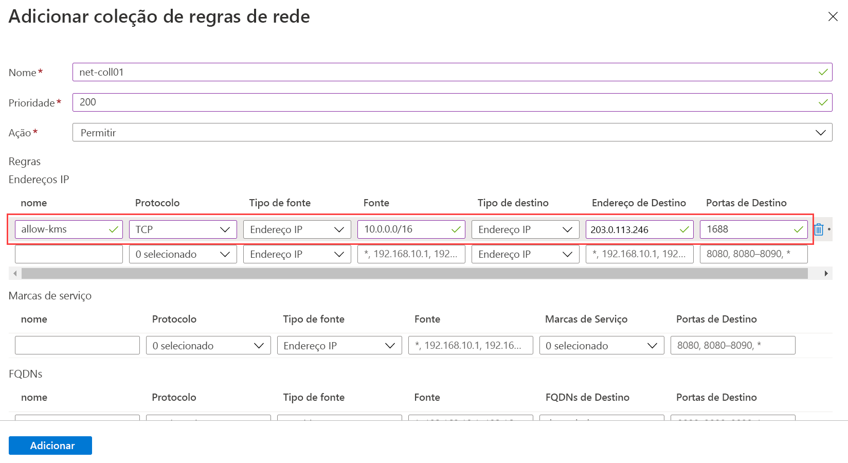 Screenshot that shows the network rule collection form filled out.