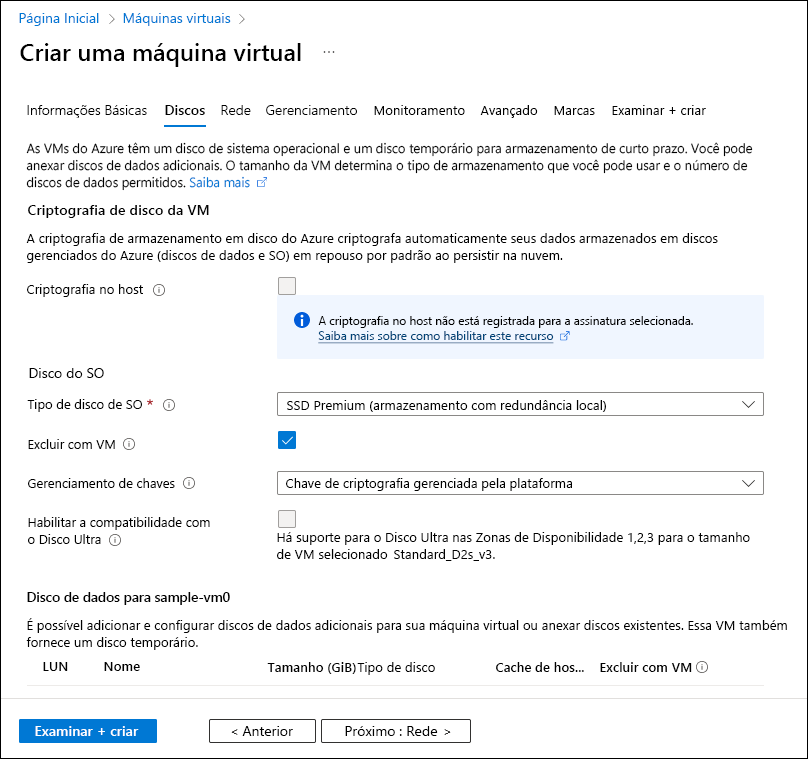 Captura de ecrã a mostrar o separador Discos do assistente Criar uma máquina virtual.