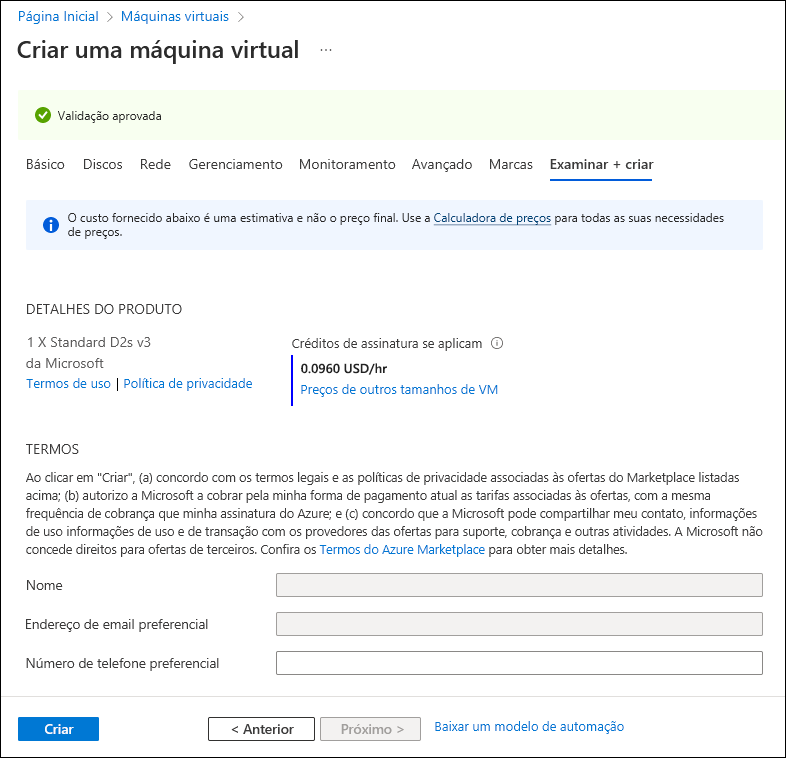 Captura de ecrã a mostrar o separador Rever + criar do assistente Criar uma máquina virtual.