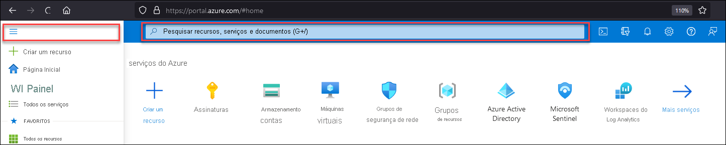 Captura de ecrã a mostrar o menu do portal e a caixa de texto de pesquisa global.