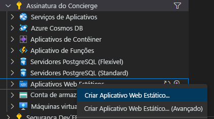 Captura de ecrã a mostrar onde ir para criar uma aplicação Web.