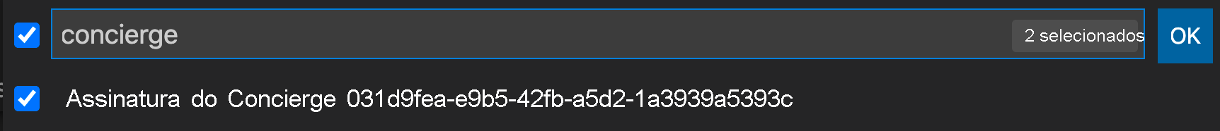 Captura de ecrã do VS Code a mostrar como filtrar por subscrição.