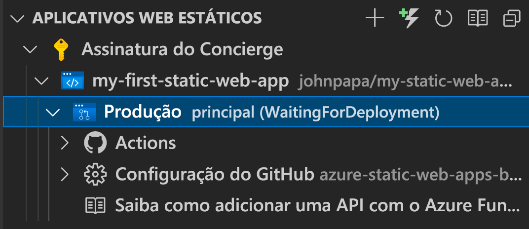 Captura de tela da interface do usuário do VS Code mostrando aguardando implantação.