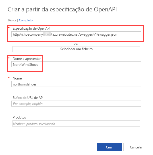 Captura de tela de criar a partir de configurações de importação de especificação OpenAPI com a especificação OpenAPI e campos de nome de exibição realçados.