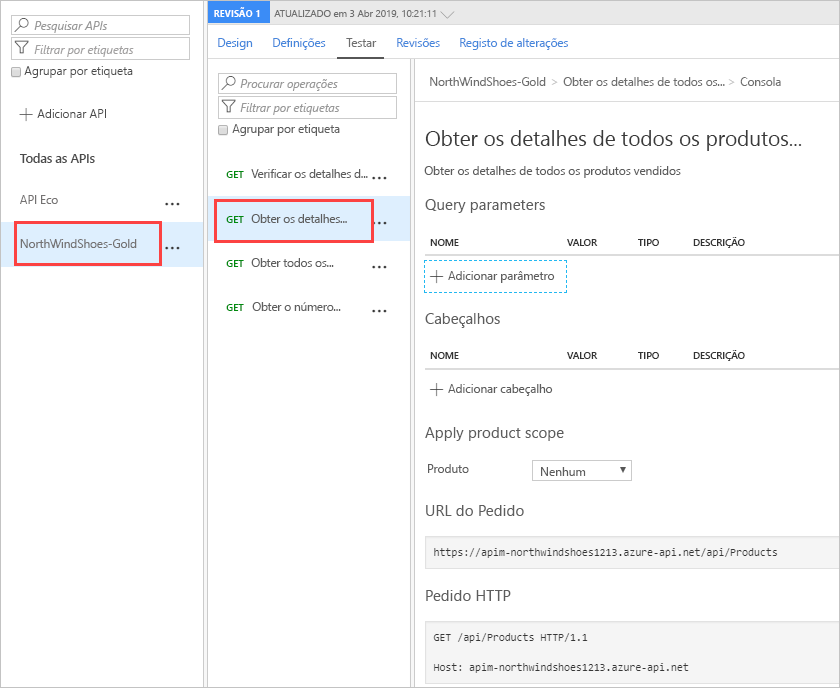 Captura de tela da configuração da API do portal do Azure mostrando um teste de solicitação GET realçado em uma API importada.