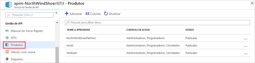 Captura de ecrã do portal do Azure a mostrar a secção Gestão de API com produtos realçada.