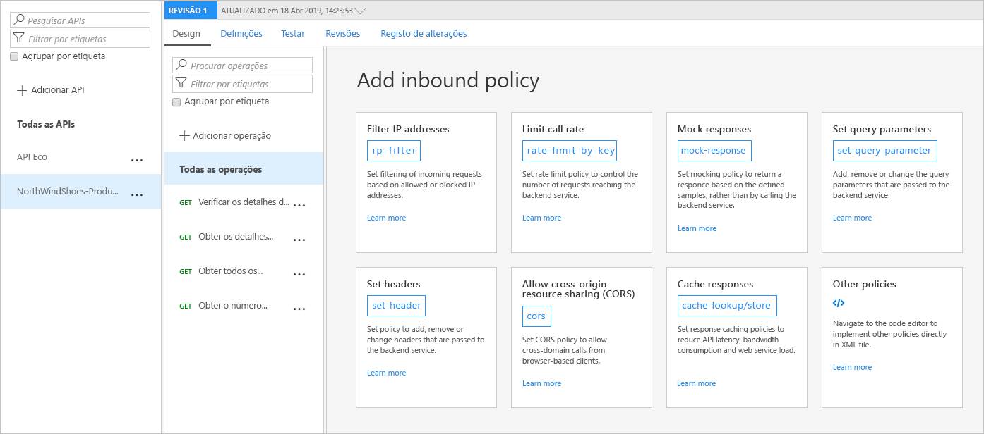 Captura de tela do portal do Azure mostrando opções de política de entrada para configuração de API.