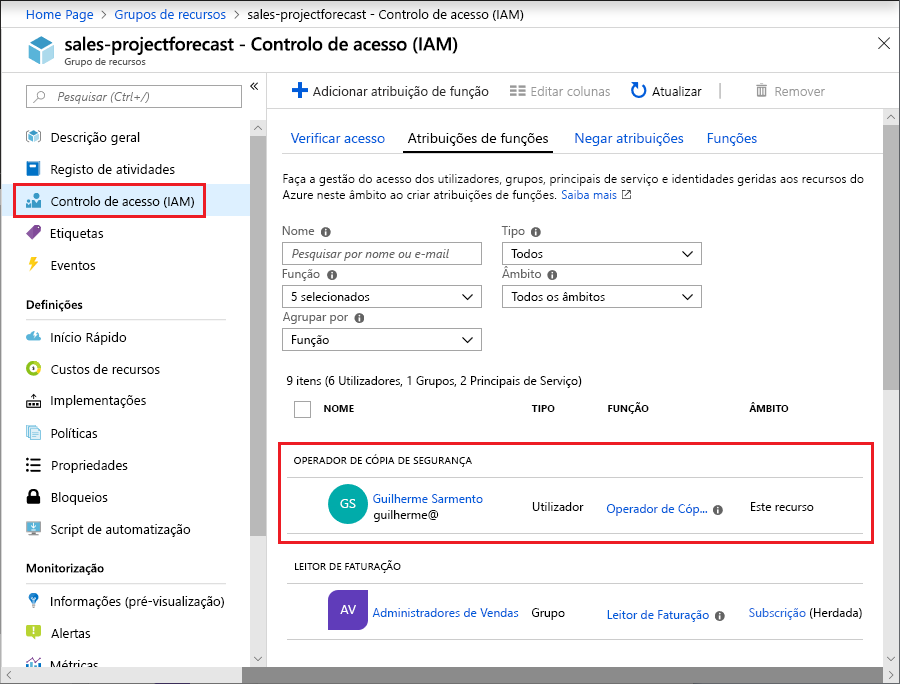 Screenshot of the Azure portal showing the Access control Role assignment pane with the Backup operator section highlighted.