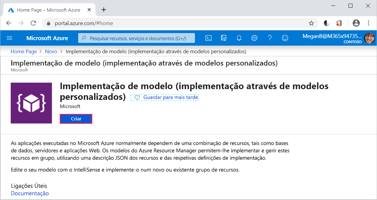 Captura de tela mostrando o item Implantação de modelo selecionado com o botão Criar realçado.